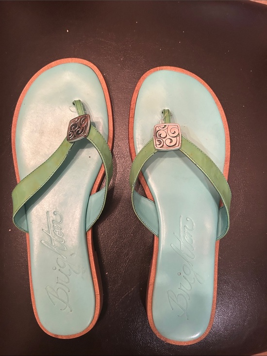 Brighton Shoes - Brighton Aqua Footbed Green Strap Sandals with Coral Trim and Silver Emblems